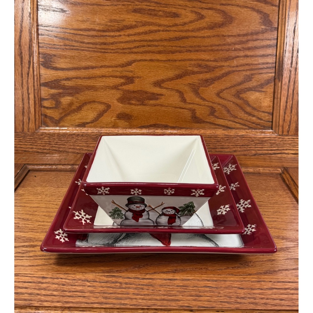 St. Nicholas Square Yuletide Snowman 3 Piece Set Dinner Plate Salad Plate Bowl